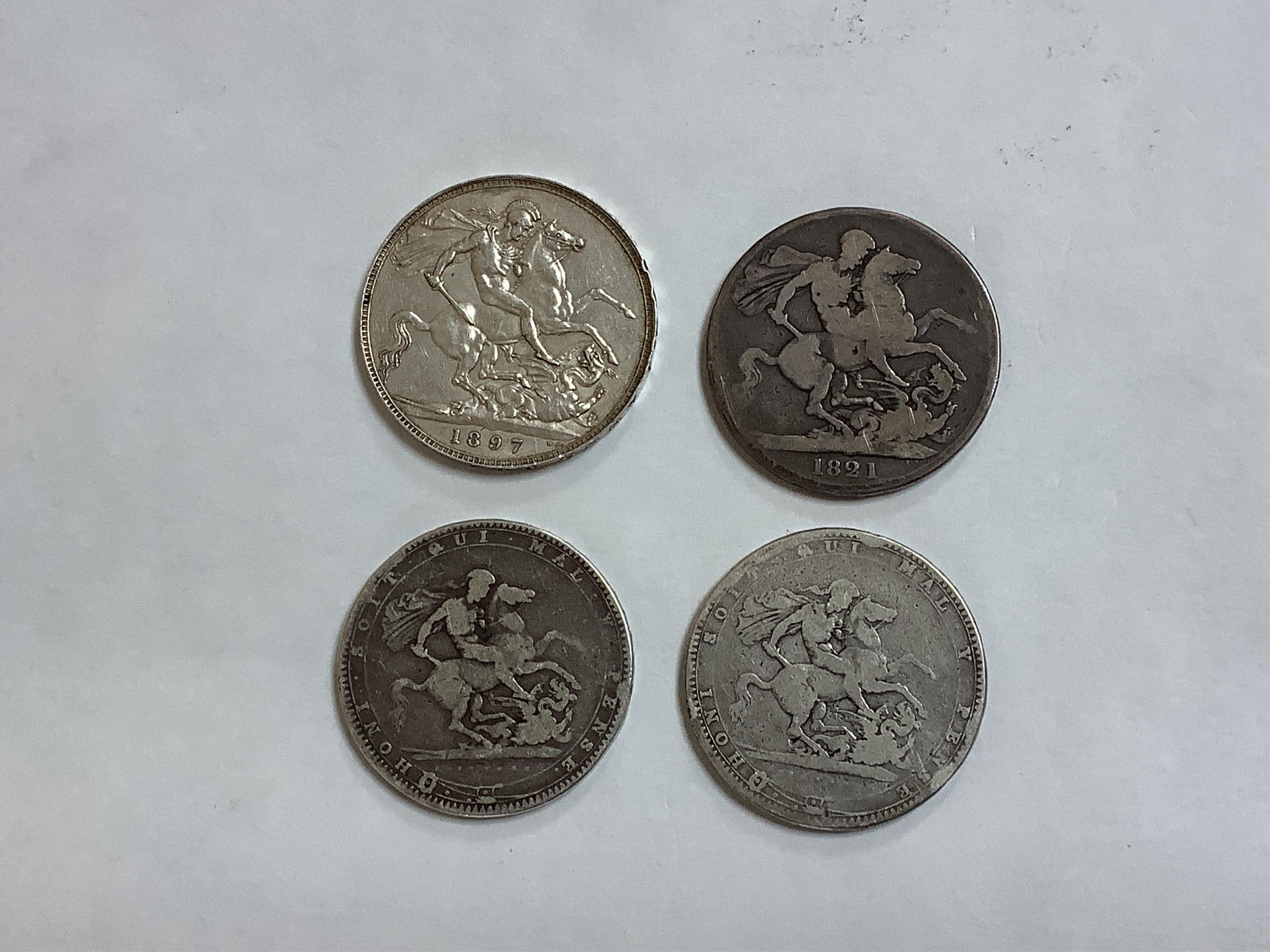 British silver crowns, two George III 1820, VG or better, George IV 1821, VG and Victoria 1897, edge knock otherwise good VF